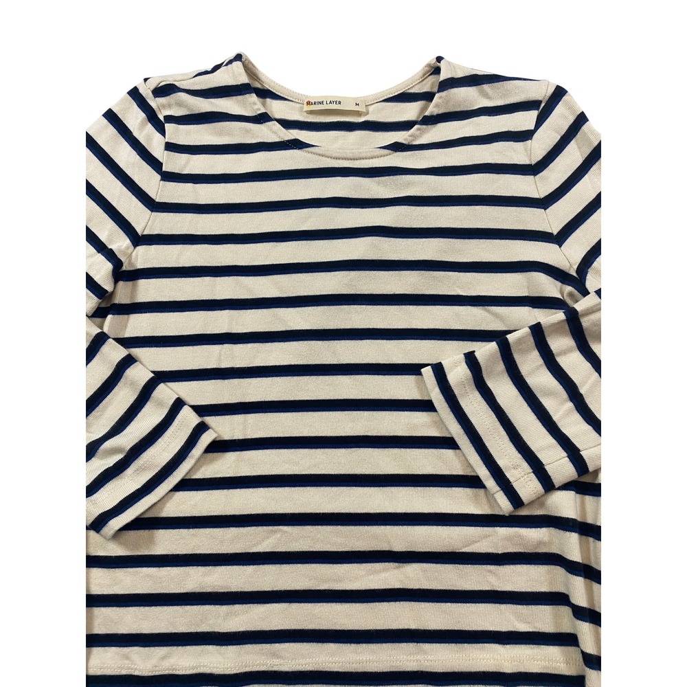 Marine Layer Womens Striped Long Sleeve Knit Top Cream Navy Blue Side Zip Size M